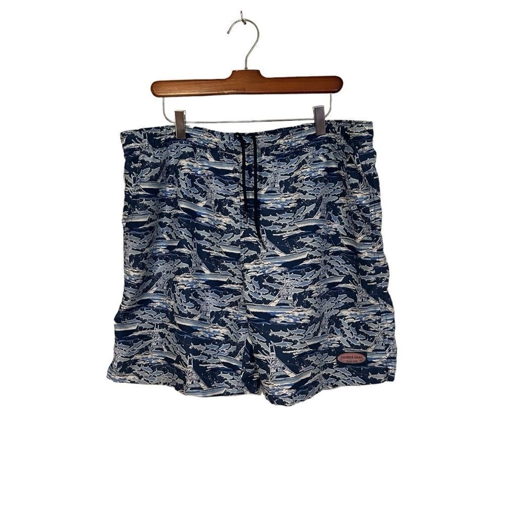 Vineyard Vines Swim Trunks M Blue Shark Boat Print Chappy Shorts Fishing Beach - Picture 2 of 11